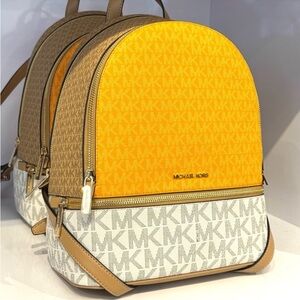 Michael Kors Rhea Medium Color-Block Signature Logo Backpack Pop Orange Multi